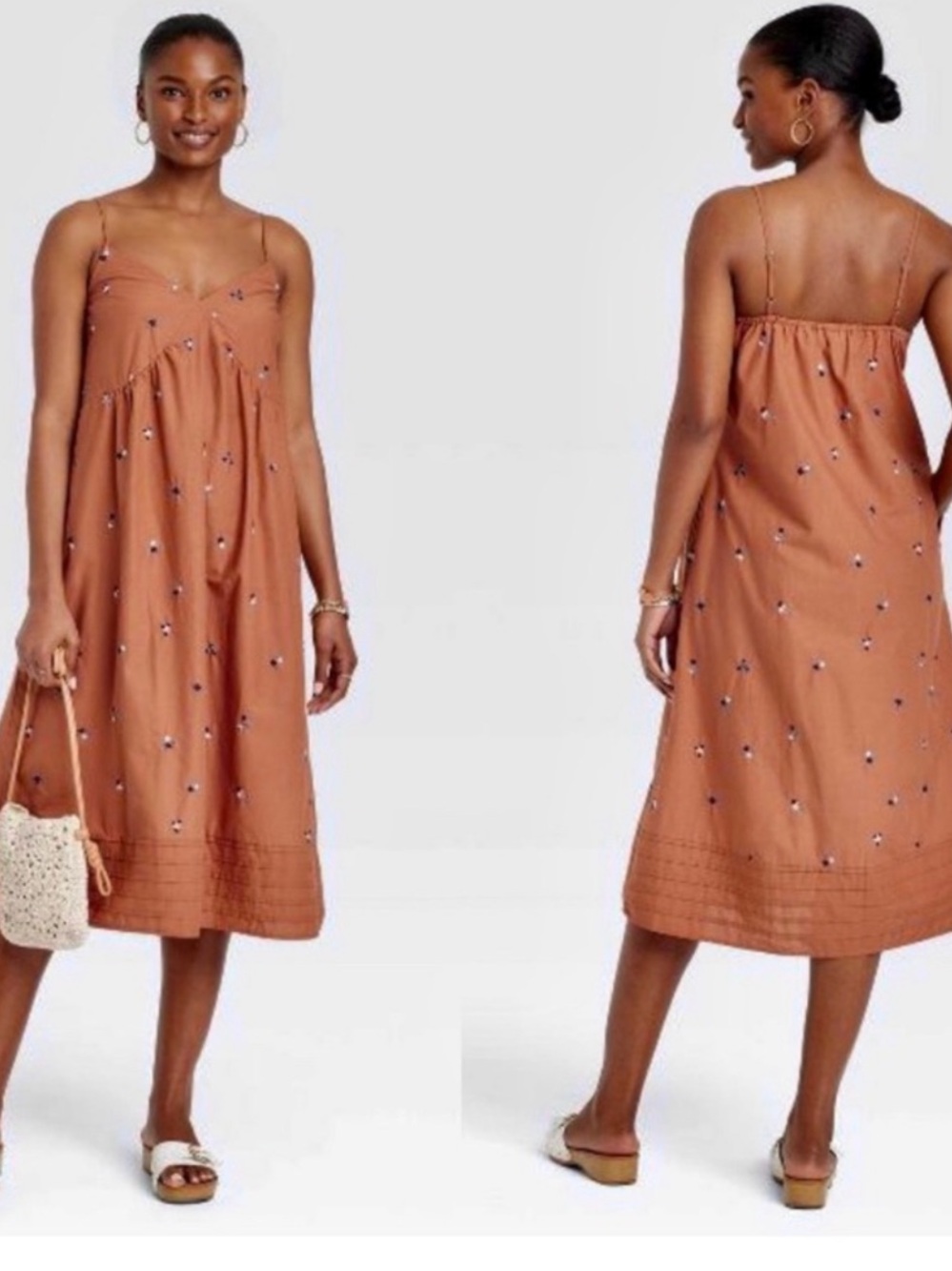 Universal Thread Rust Brown Embroidered Midi Slip Dress